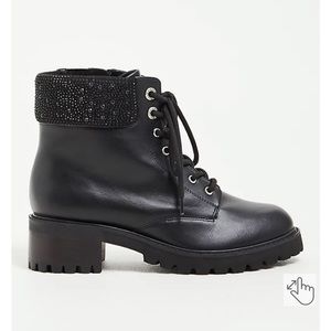 EMBELLISHED CUFF COMBAT BOOT - FAUX LEATHER BLACK